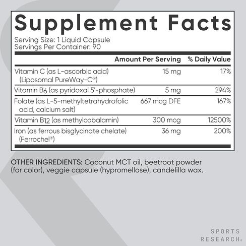 مكمل الحديد لتوازن الدم من Sports Research - 36 مجم حديد + حمض الفوليك وفيتامين C للامتصاص - دعم خلايا الدم الحمراء للنساء والرجال* - نباتي معتمد · غير معدل وراثيًا · خالي من الغلوتين - 90 كبسولة in Saudi Arabia