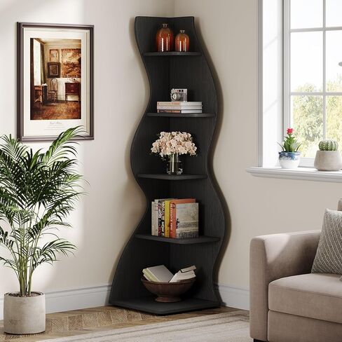 Tribesigns Wavy Corner Shelf, Modern 5-Tier Bookshelf Bookcase with Curvy Shape, Unique Plant Stand Display Rack for Living Room Small Space (Brown) in Saudi Arabia