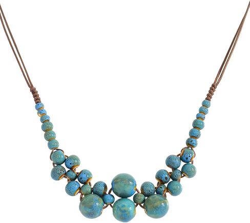 بوهو مضفر جولة السيراميك مطرز قلادة للنساء، بيان فريد مكتنزة الخرز ستراند الصيف الشاطئ عطلة البوهيمي مجوهرات in Kuwait