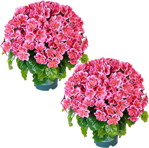 Geraniums Artificial Flowers Realistic – 2 Pack 18" Potted Faux Geranium Plants Deep Pink, UV Resistant Silk Flowers for Outdoor Indoor Front Porch Garden Home Decor (2, Red) in Saudi Arabia