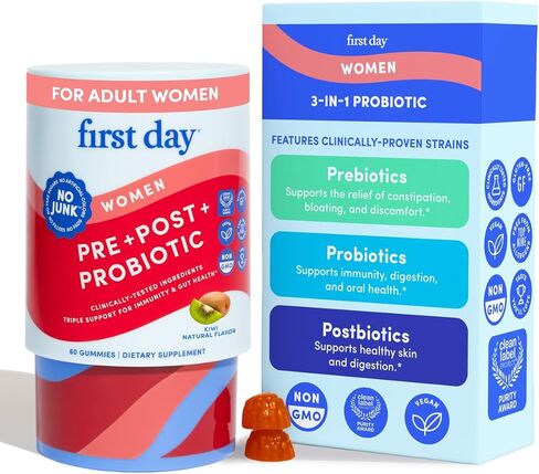 حلوى Gut Tribiotic Gummies النسائية من FIRST DAY - مكملات البريبايوتك والبروبيوتيك وما بعد الحيوية 3 في 1 - تدعم وظيفة المناعة وصحة الجهاز الهضمي والفم والجلد والمهبل - كمية تكفي لمدة 30 يومًا in Kuwait