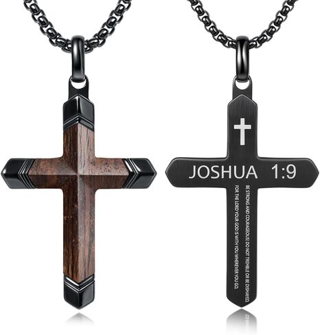 Wooden Cross Bible Verse Necklace for Men, Handmade Real Ebony Wood Cross Pendant Stainless Steel Chain, Spiritual Jewelry Gift for Him, Everyday Wear, Including 24-25 Inch Box Chain in Saudi Arabia