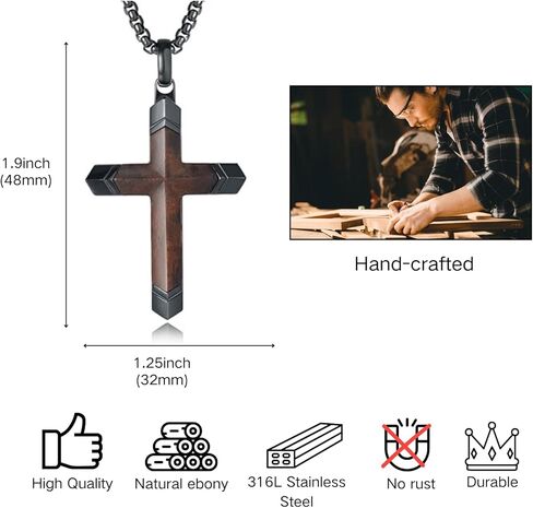 Wooden Cross Bible Verse Necklace for Men, Handmade Real Ebony Wood Cross Pendant Stainless Steel Chain, Spiritual Jewelry Gift for Him, Everyday Wear, Including 24-25 Inch Box Chain in Saudi Arabia