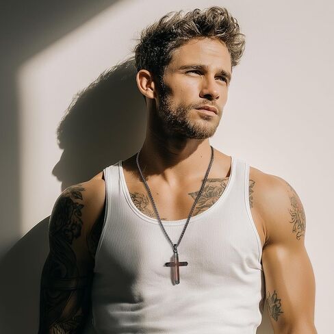 Wooden Cross Bible Verse Necklace for Men, Handmade Real Ebony Wood Cross Pendant Stainless Steel Chain, Spiritual Jewelry Gift for Him, Everyday Wear, Including 24-25 Inch Box Chain in Saudi Arabia