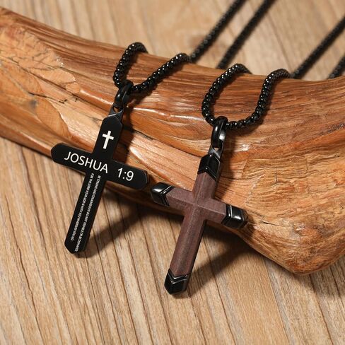 Wooden Cross Bible Verse Necklace for Men, Handmade Real Ebony Wood Cross Pendant Stainless Steel Chain, Spiritual Jewelry Gift for Him, Everyday Wear, Including 24-25 Inch Box Chain in Saudi Arabia