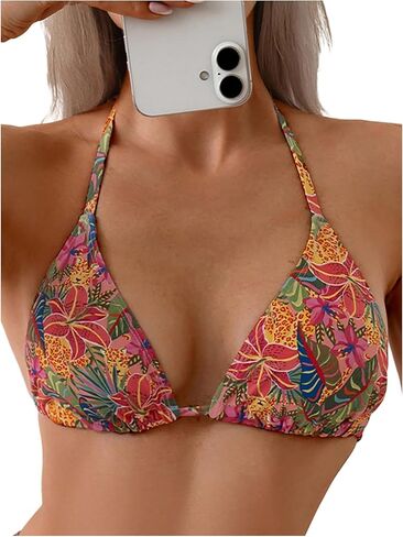 Milumia Women's Floral Print Triangle Bikini Top Boho Halter String Bathing Suit Tops in Saudi Arabia