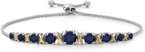 Gem Stone King 2.16 Cttw Blue Sapphire Graduated Bracelet For Women | 925 Silver and 10K Yellow Gold | Round 5MM 4MM 3.5MM 3MM and 2.5MM | Fully Adjustable Up to 9 Inches in Saudi Arabia