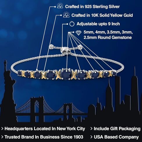 Gem Stone King 2.16 Cttw Blue Sapphire Graduated Bracelet For Women | 925 Silver and 10K Yellow Gold | Round 5MM 4MM 3.5MM 3MM and 2.5MM | Fully Adjustable Up to 9 Inches in Saudi Arabia