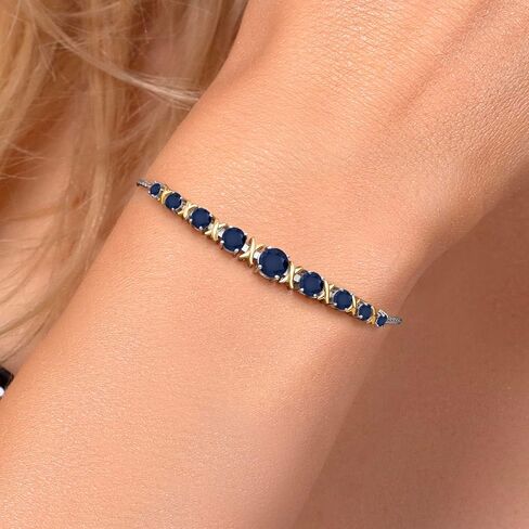 Gem Stone King 2.16 Cttw Blue Sapphire Graduated Bracelet For Women | 925 Silver and 10K Yellow Gold | Round 5MM 4MM 3.5MM 3MM and 2.5MM | Fully Adjustable Up to 9 Inches in Saudi Arabia