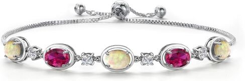 Gem Stone King 925 Sterling Silver Ethiopian Opal and Created Ruby and Moissanite Tennis Bracelet For Women | 3.23 Cttw | Gemstone October Birthstone | Oval Cabochon 7X5MM | Fully Adjustable 10 Inch in Saudi Arabia