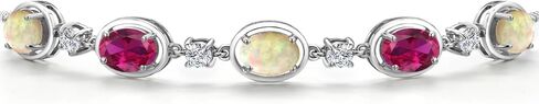 Gem Stone King 925 Sterling Silver Ethiopian Opal and Created Ruby and Moissanite Tennis Bracelet For Women | 3.23 Cttw | Gemstone October Birthstone | Oval Cabochon 7X5MM | Fully Adjustable 10 Inch in Saudi Arabia