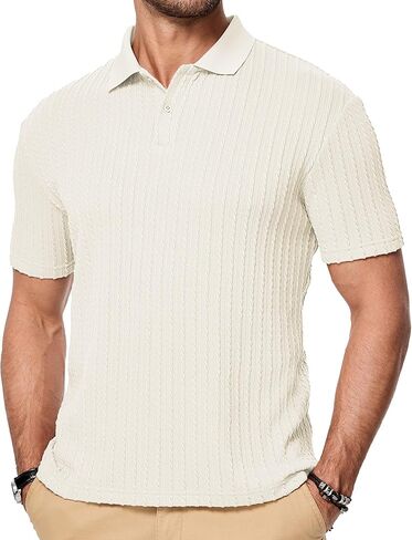Mens Knit Polo Shirts Short Sleeve Button Down Texture Polo T Shirts Casual Golf Polo Collared Shirts in Kuwait