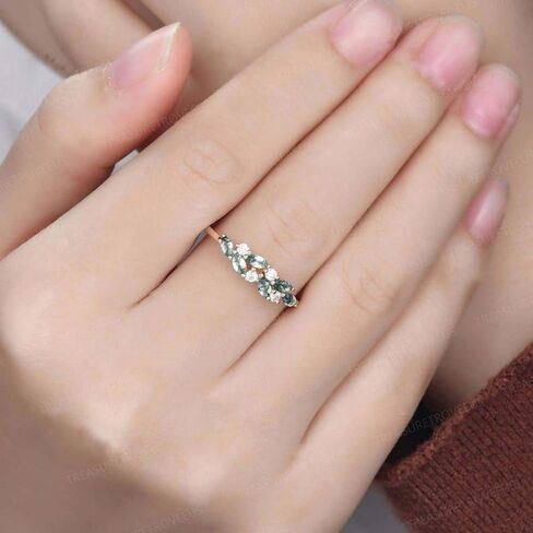 Moss Agate and Moissanite Ring, Natural Stone Dainty Gold Stacking Ring, Minimalist Birthstone Promise Jewelry for Women in Saudi Arabia