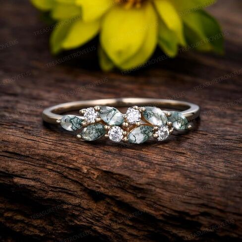 Moss Agate and Moissanite Ring, Natural Stone Dainty Gold Stacking Ring, Minimalist Birthstone Promise Jewelry for Women in Saudi Arabia