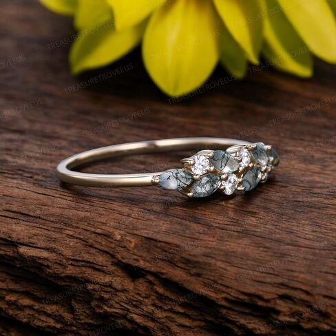 Moss Agate and Moissanite Ring, Natural Stone Dainty Gold Stacking Ring, Minimalist Birthstone Promise Jewelry for Women in Saudi Arabia
