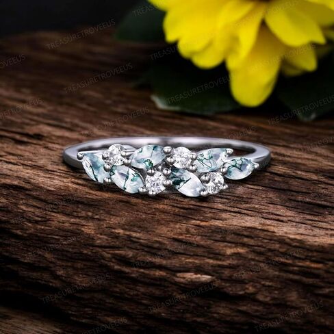 Moss Agate and Moissanite Ring, Natural Stone Dainty Gold Stacking Ring, Minimalist Birthstone Promise Jewelry for Women in Saudi Arabia