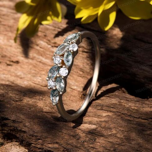 Moss Agate and Moissanite Ring, Natural Stone Dainty Gold Stacking Ring, Minimalist Birthstone Promise Jewelry for Women in Saudi Arabia