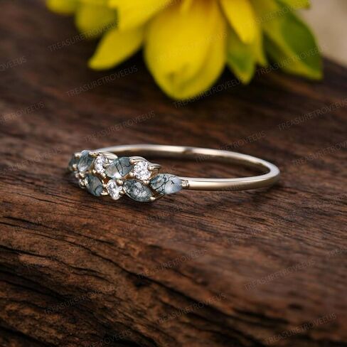 Moss Agate and Moissanite Ring, Natural Stone Dainty Gold Stacking Ring, Minimalist Birthstone Promise Jewelry for Women in Saudi Arabia