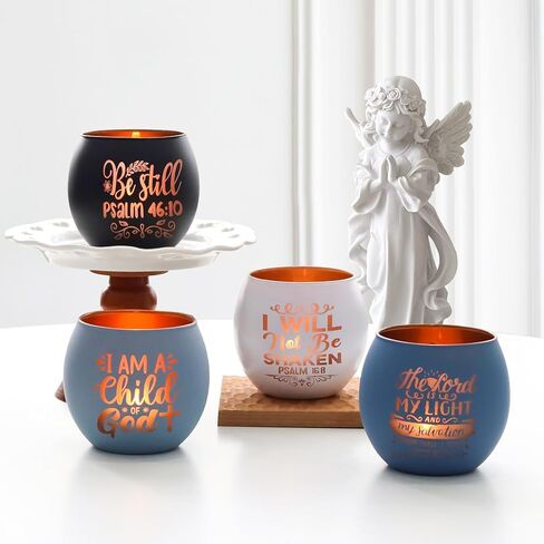 Christian Gifts for Men, Glass Candle Holders Set, Blue Tealight Votive Holders with Bible Verses, Religious Birthday Gifts for Dad, Brother, Son, Him, Coworker, Unique Spiritual Gifts for Men in Saudi Arabia