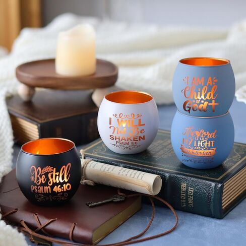Christian Gifts for Men, Glass Candle Holders Set, Blue Tealight Votive Holders with Bible Verses, Religious Birthday Gifts for Dad, Brother, Son, Him, Coworker, Unique Spiritual Gifts for Men in Saudi Arabia