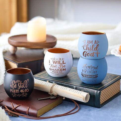 Christian Gifts for Men, Glass Candle Holders Set, Blue Tealight Votive Holders with Bible Verses, Religious Birthday Gifts for Dad, Brother, Son, Him, Coworker, Unique Spiritual Gifts for Men in Saudi Arabia