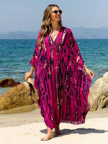 Women Kaftan Dresses Plus Size V-Neck Batwing Sleeves Beach Cover Up Floral Print Mumu Dress in Saudi Arabia