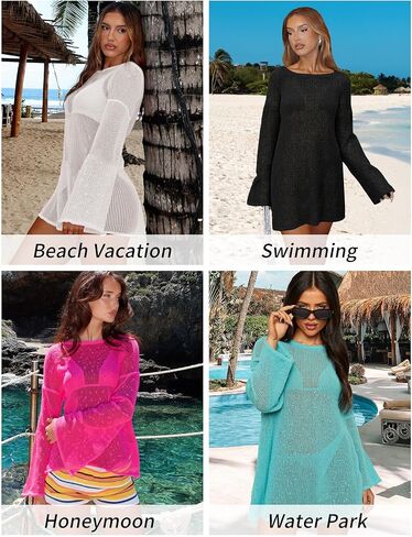 Crochet Swimsuit Coverup for Women Boat Neck Bathing Suit Cover Up 2026 Summer Sexy Beach Caftan Dress in Saudi Arabia