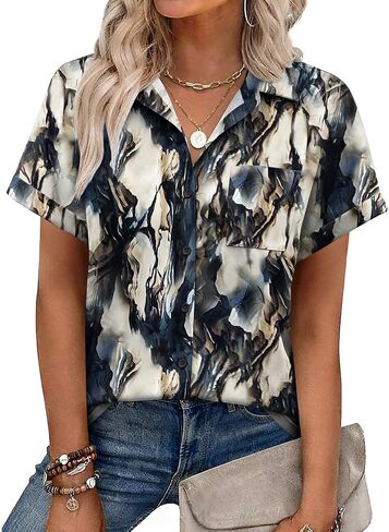Zeagoo Womens Button Down Shirt Short Sleeve Blouse V Neck Dressy Casual Business Work Tops with Pocket S-XXL in Saudi Arabia