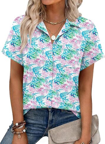 Zeagoo Womens Button Down Shirt Short Sleeve Blouse V Neck Dressy Casual Business Work Tops with Pocket S-XXL in Saudi Arabia