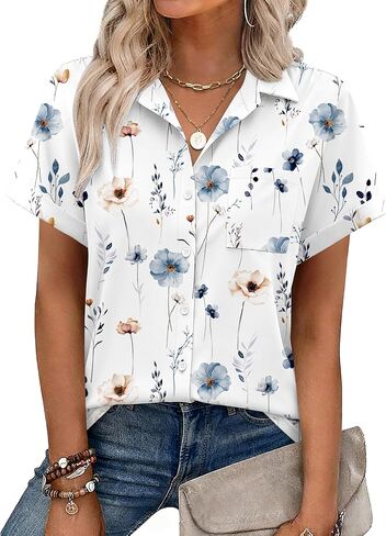 Zeagoo Womens Button Down Shirt Short Sleeve Blouse V Neck Dressy Casual Business Work Tops with Pocket S-XXL in Saudi Arabia