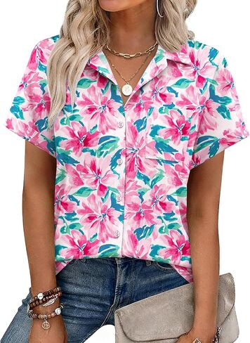 Zeagoo Womens Button Down Shirt Short Sleeve Blouse V Neck Dressy Casual Business Work Tops with Pocket S-XXL in Saudi Arabia