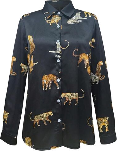 WDIRARA Women's Leopard Button Down Satin Shirt Long Sleeve Dressy Blouse Top in Saudi Arabia