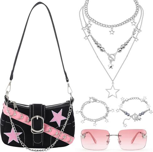 Cunno 5 Pcs Y2k Punk Style Accessories Set 2000s Black Purse Star Fringe Necklace Bracelet Jewelry Set and Pink Gradient Butterfly Sunglasses for Women, Cute Y2k Outfits in Saudi Arabia