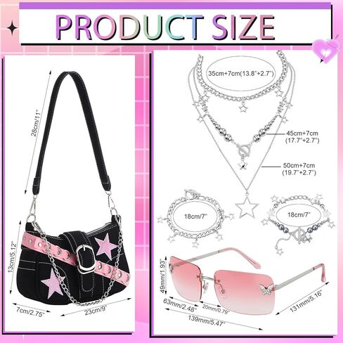 Cunno 5 Pcs Y2k Punk Style Accessories Set 2000s Black Purse Star Fringe Necklace Bracelet Jewelry Set and Pink Gradient Butterfly Sunglasses for Women, Cute Y2k Outfits in Saudi Arabia