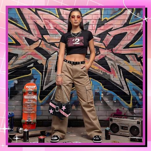 Cunno 5 Pcs Y2k Punk Style Accessories Set 2000s Black Purse Star Fringe Necklace Bracelet Jewelry Set and Pink Gradient Butterfly Sunglasses for Women, Cute Y2k Outfits in Saudi Arabia