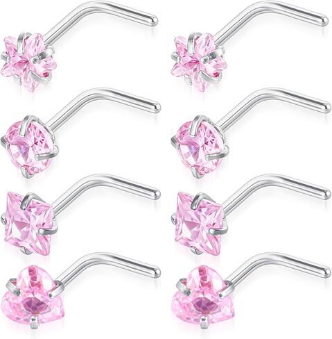 8PCS Pink Nose Ring, 18G L Shaped Nose Ring NosePiercing Jewerly Pink Glitter NoseRings NoseStuds for Women Men Round Square Heart Star in Kuwait