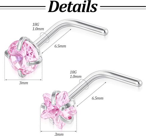8PCS Pink Nose Ring, 18G L Shaped Nose Ring NosePiercing Jewerly Pink Glitter NoseRings NoseStuds for Women Men Round Square Heart Star in Kuwait