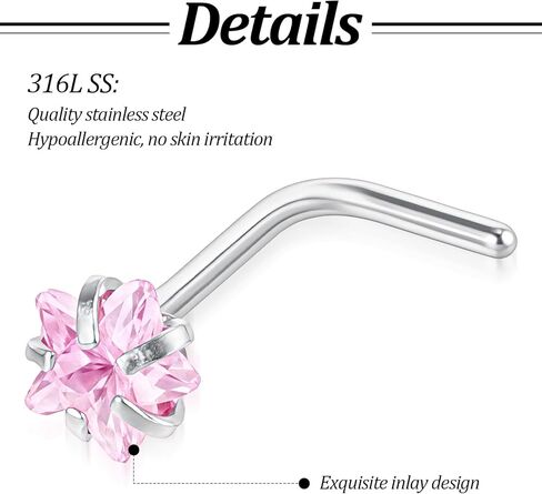 8PCS Pink Nose Ring, 18G L Shaped Nose Ring NosePiercing Jewerly Pink Glitter NoseRings NoseStuds for Women Men Round Square Heart Star in Kuwait