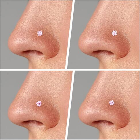 8PCS Pink Nose Ring, 18G L Shaped Nose Ring NosePiercing Jewerly Pink Glitter NoseRings NoseStuds for Women Men Round Square Heart Star in Kuwait