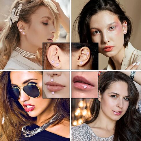 8PCS Pink Nose Ring, 18G L Shaped Nose Ring NosePiercing Jewerly Pink Glitter NoseRings NoseStuds for Women Men Round Square Heart Star in Kuwait