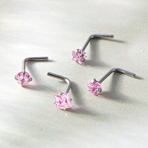 8PCS Pink Nose Ring, 18G L Shaped Nose Ring NosePiercing Jewerly Pink Glitter NoseRings NoseStuds for Women Men Round Square Heart Star in Kuwait