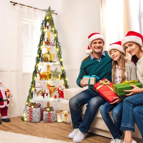 6 طبقات 5 أقدام شجرة عيد الميلاد رف زاوية كبير رف الكتب DIY حامل عرض القرية مع بطانية ثلج، إكليل الصنوبر وسلسلة ضوء لديكور غرفة المعيشة في غرفة نوم عيد الميلاد in Kuwait