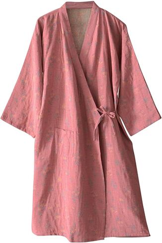 Cotton Gauze Robe for Women, Jacquard Plum Blossom Bathrobe Japanese Kimono Soft Knit Nightdress Longwear Sleepwear in Saudi Arabia