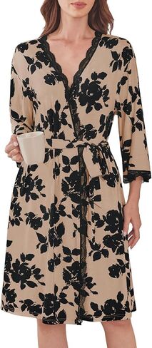 Women's Robes Soft Rayon Knit Kimono Bathrobe Lace Trim Knee Length Sleepwear With Pockets in Saudi Arabia