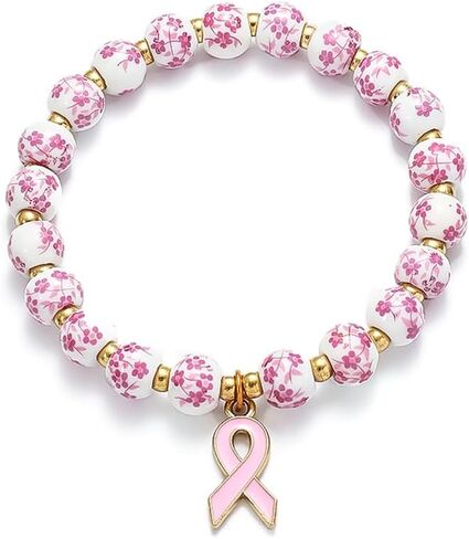 Breast Cancer Bracelets Pink Ribbon Charm Blue Flower Ceramic Heart Bead Bracelets for Women Cancer Awareness Accessories Valentine's Day Mother's Day Teachers' Day Gift in Saudi Arabia