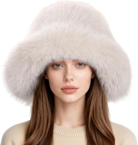 Women’s Fuzzy Faux Fur Bucket Hat Winter Warm Furry Hat Wide Brim Fisherman Cap in Saudi Arabia
