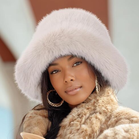Women’s Fuzzy Faux Fur Bucket Hat Winter Warm Furry Hat Wide Brim Fisherman Cap in Saudi Arabia