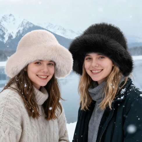 Women’s Fuzzy Faux Fur Bucket Hat Winter Warm Furry Hat Wide Brim Fisherman Cap in Saudi Arabia