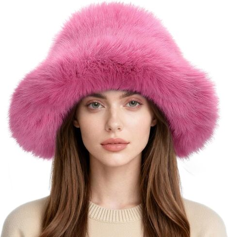 Women’s Fuzzy Faux Fur Bucket Hat Winter Warm Furry Hat Wide Brim Fisherman Cap in Saudi Arabia