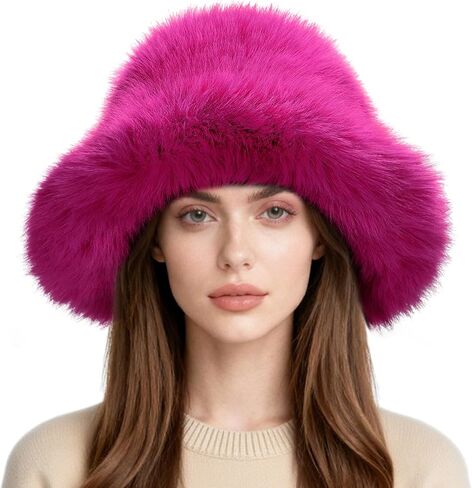 Women’s Fuzzy Faux Fur Bucket Hat Winter Warm Furry Hat Wide Brim Fisherman Cap in Saudi Arabia